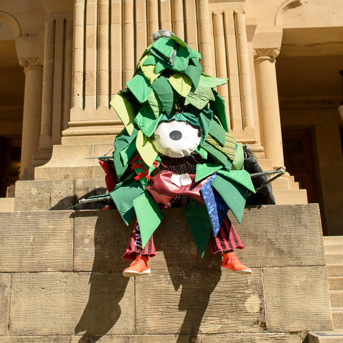 Stanford Tree sitting outside the Green Library